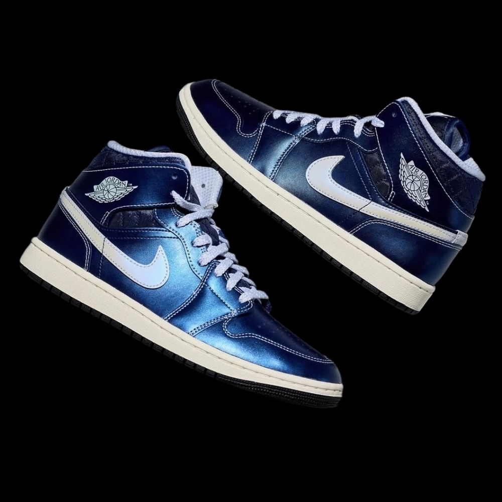 Air Jordan 1 Mid SE Metallic Blue Quilted Sneakers
